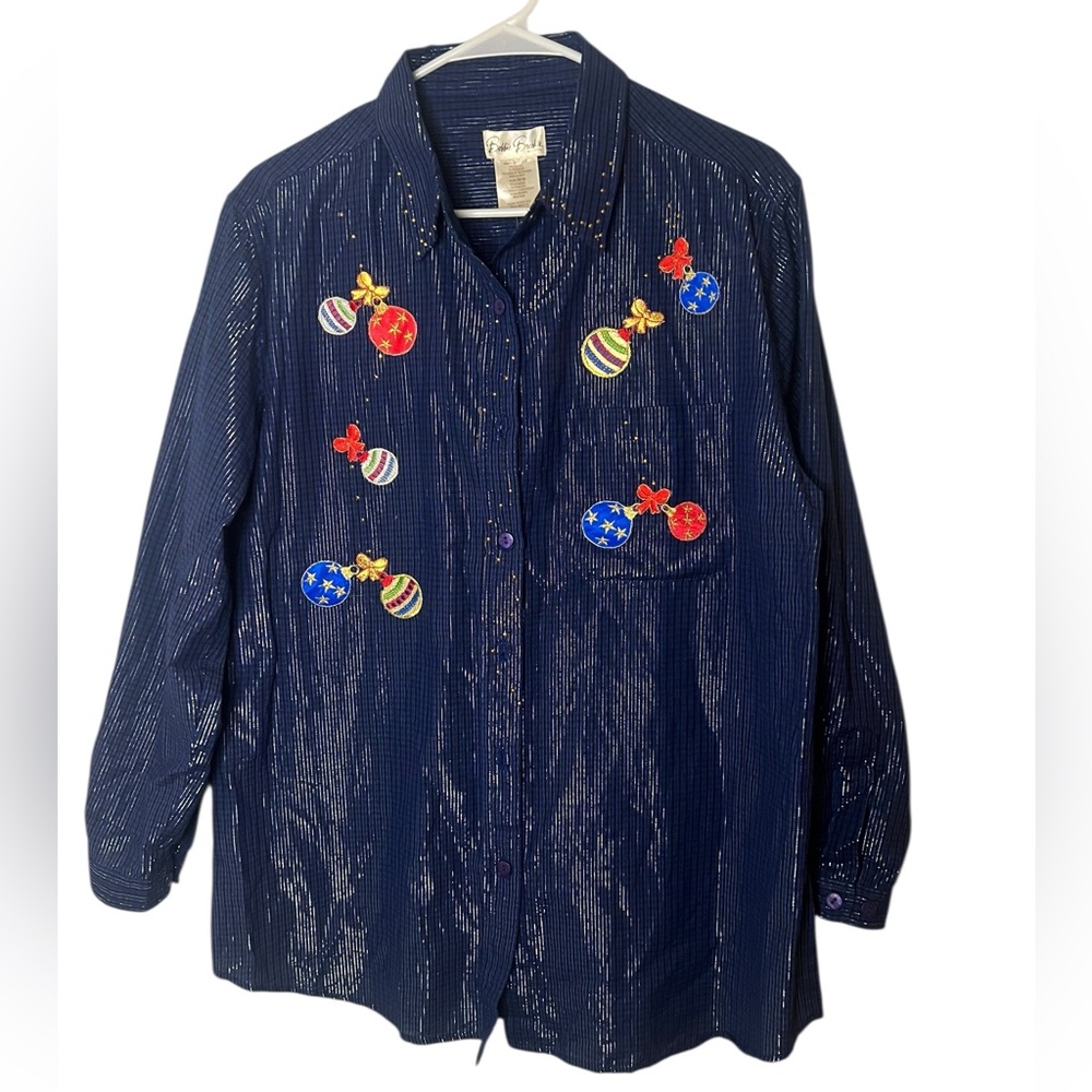 Bobbie Brooks Women’s Christmas Blue Checkered Blouse with Gold Accents